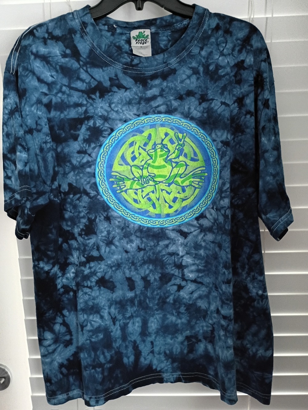 Tie-Dye Blue Graphic Women's Tee with Celtic Frog Motif